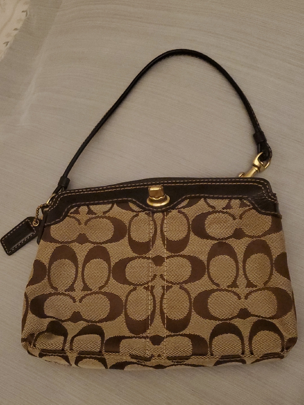 Coach Tan and Dark Brown Signature Canvas Wristlet/Mini Shoulder Bag